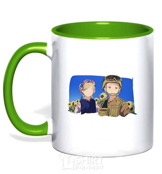 Mug with a colored handle Ukrainian anime soldier kelly-green фото