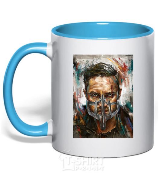 Mug with a colored handle Tom Hardy in a mask sky-blue фото