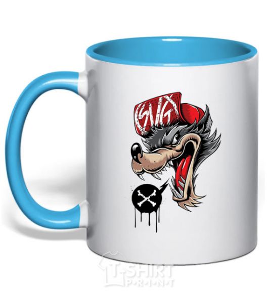 Mug with a colored handle Swag wolf sky-blue фото