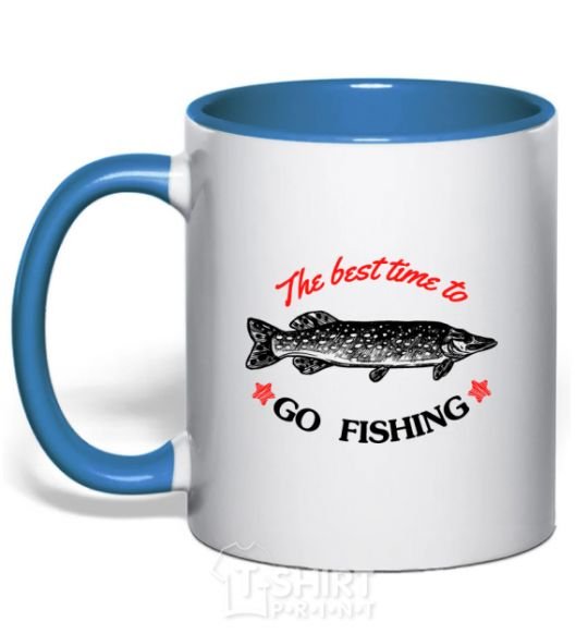 Mug with a colored handle The best time to go fishing royal-blue фото