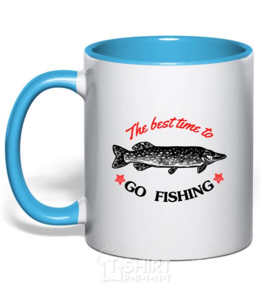 Mug with a colored handle The best time to go fishing sky-blue фото