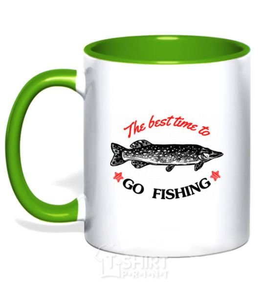 Mug with a colored handle The best time to go fishing kelly-green фото