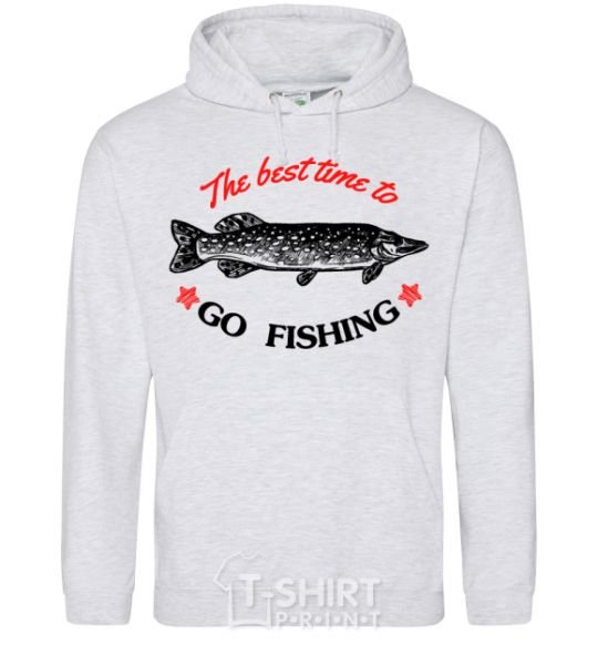 Men`s hoodie The best time to go fishing sport-grey фото