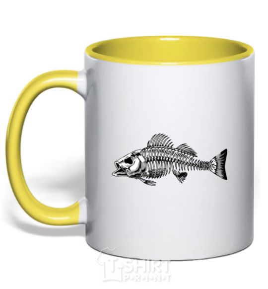 Mug with a colored handle Fish skeleton V.1 yellow фото