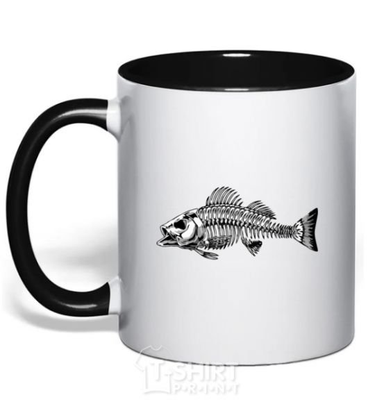 Mug with a colored handle Fish skeleton V.1 black фото