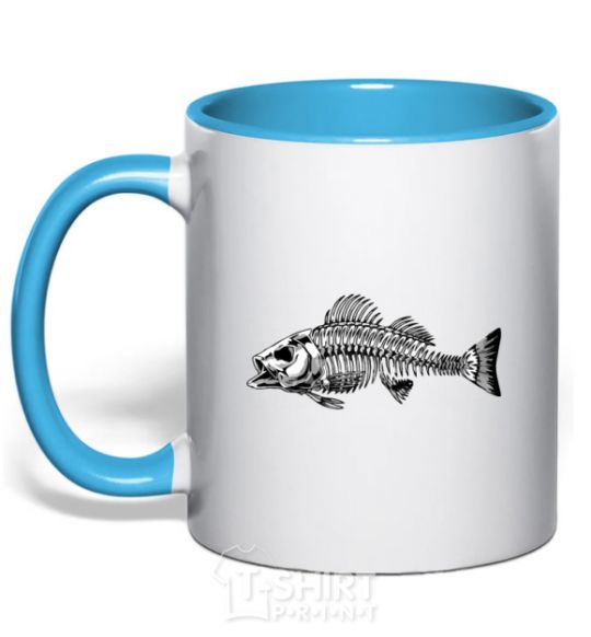 Mug with a colored handle Fish skeleton V.1 sky-blue фото