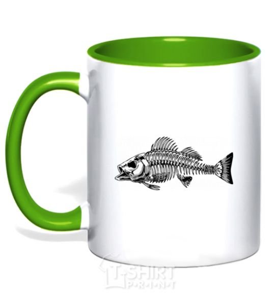 Mug with a colored handle Fish skeleton V.1 kelly-green фото