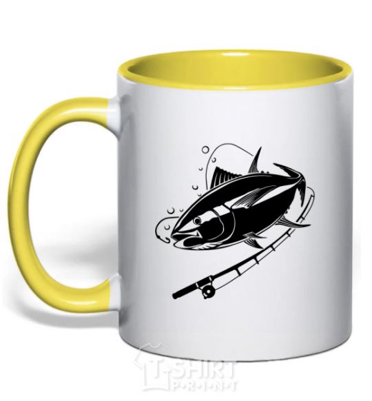 Mug with a colored handle Fish on the hook yellow фото