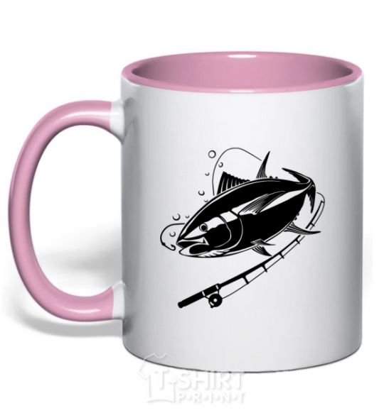 Mug with a colored handle Fish on the hook light-pink фото