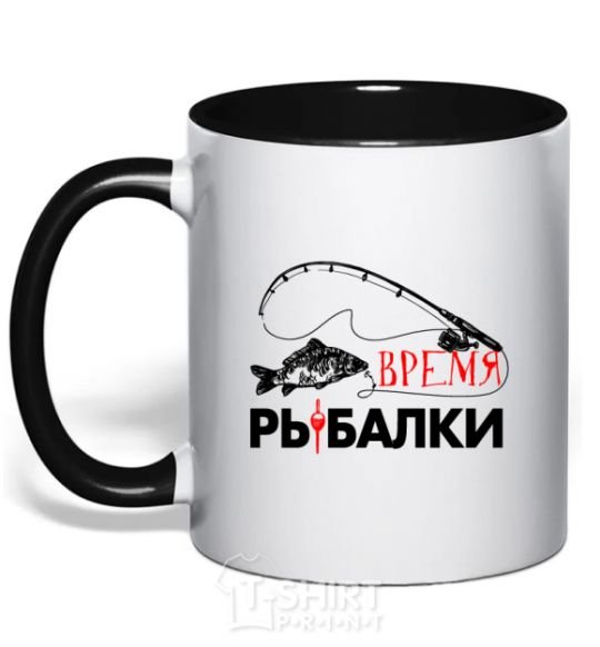 Mug with a colored handle Fishing time black фото