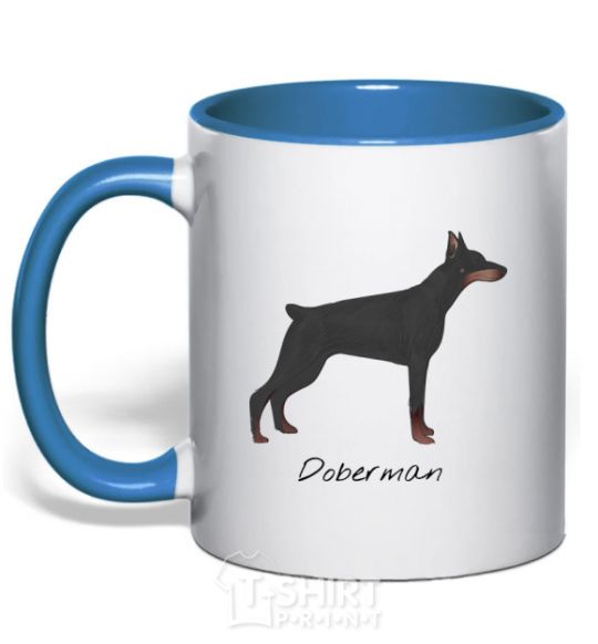 Mug with a colored handle Doberman drawing royal-blue фото