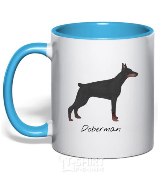 Mug with a colored handle Doberman drawing sky-blue фото