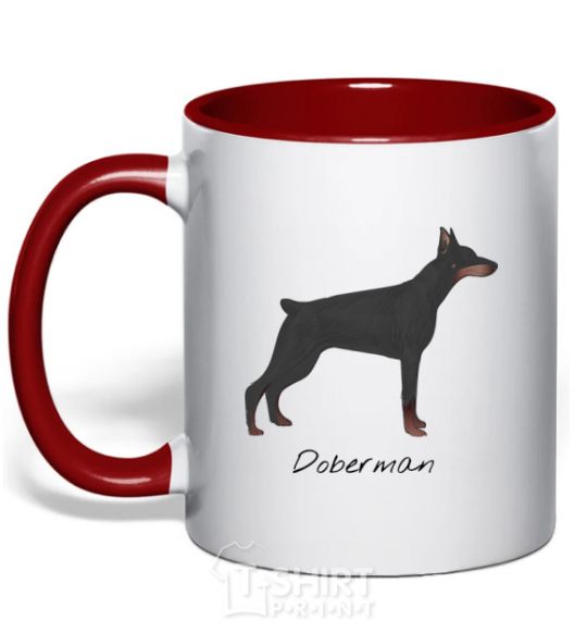 Mug with a colored handle Doberman drawing red фото