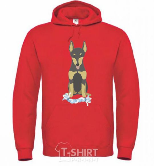 Men`s hoodie Doberman playing bright-red фото