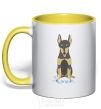 Mug with a colored handle Doberman playing yellow фото