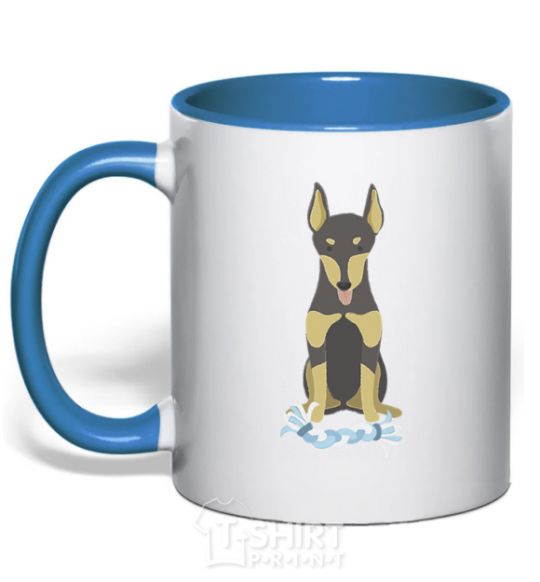 Mug with a colored handle Doberman playing royal-blue фото