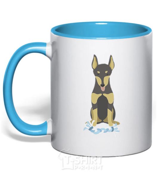 Mug with a colored handle Doberman playing sky-blue фото