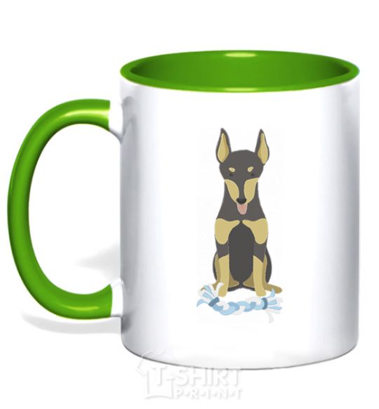 Mug with a colored handle Doberman playing kelly-green фото