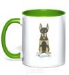 Mug with a colored handle Doberman playing kelly-green фото