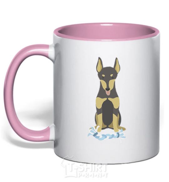 Mug with a colored handle Doberman playing light-pink фото