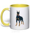 Mug with a colored handle The Doberman is standing yellow фото