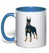 Mug with a colored handle The Doberman is standing royal-blue фото