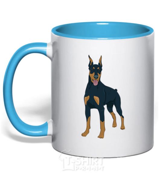 Mug with a colored handle The Doberman is standing sky-blue фото