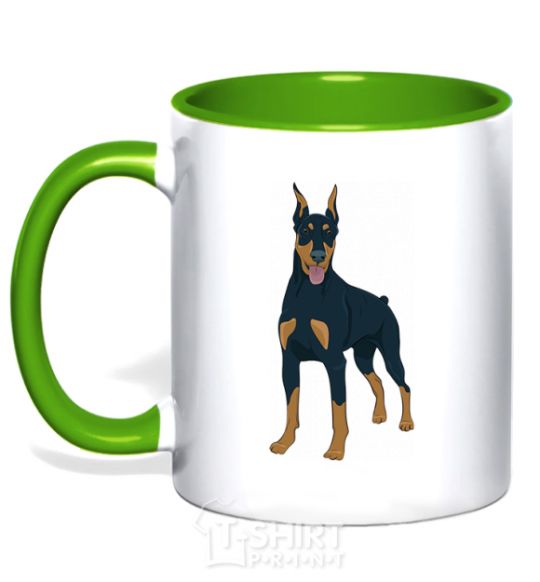 Mug with a colored handle The Doberman is standing kelly-green фото