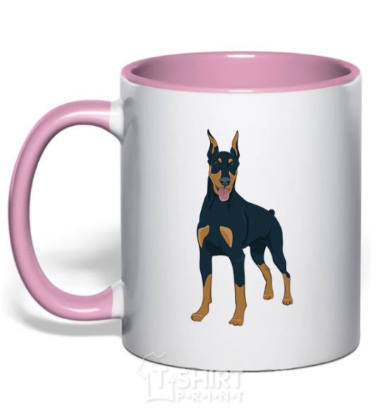 Mug with a colored handle The Doberman is standing light-pink фото