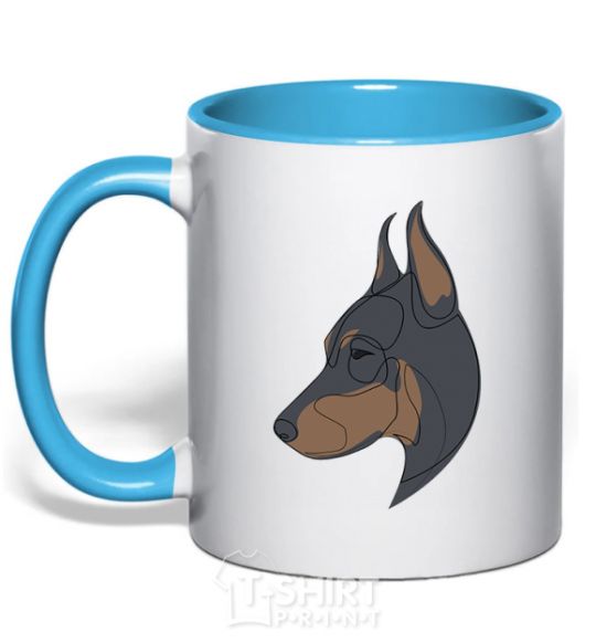 Mug with a colored handle Doberman portrait sky-blue фото