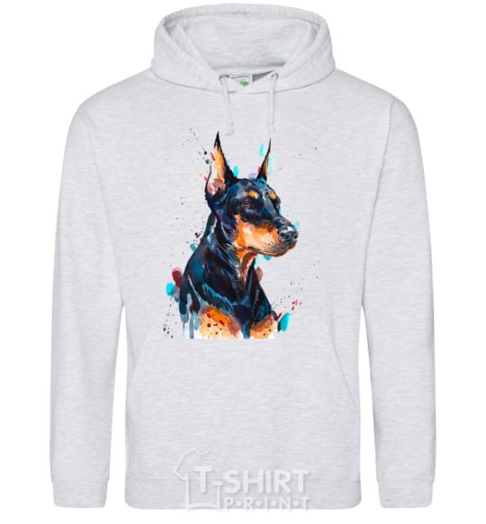 Мужская толстовка (худи) Watercolor doberman Серый меланж фото