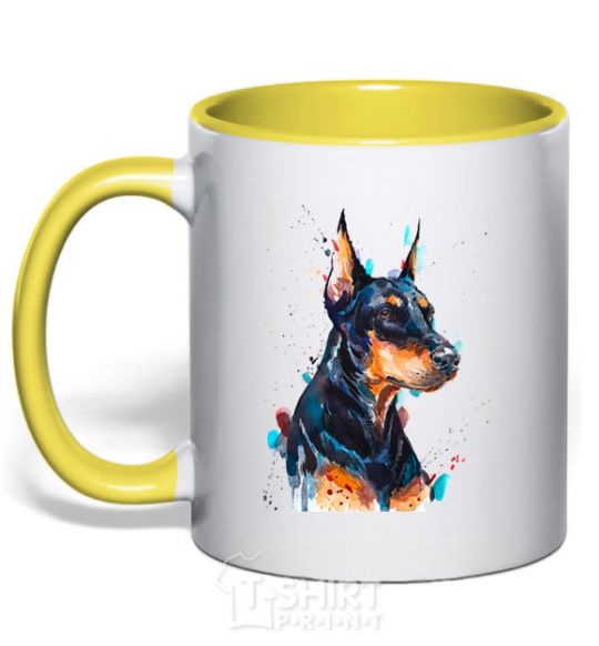 Mug with a colored handle Watercolor doberman yellow фото