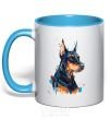 Mug with a colored handle Watercolor doberman sky-blue фото