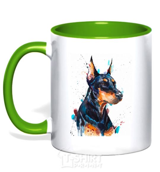 Mug with a colored handle Watercolor doberman kelly-green фото