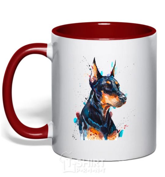 Mug with a colored handle Watercolor doberman red фото