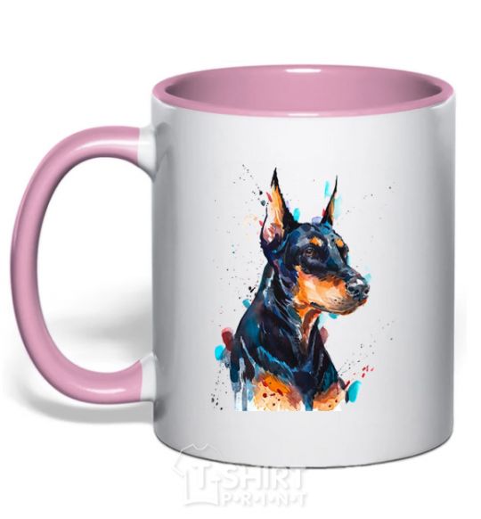 Mug with a colored handle Watercolor doberman light-pink фото