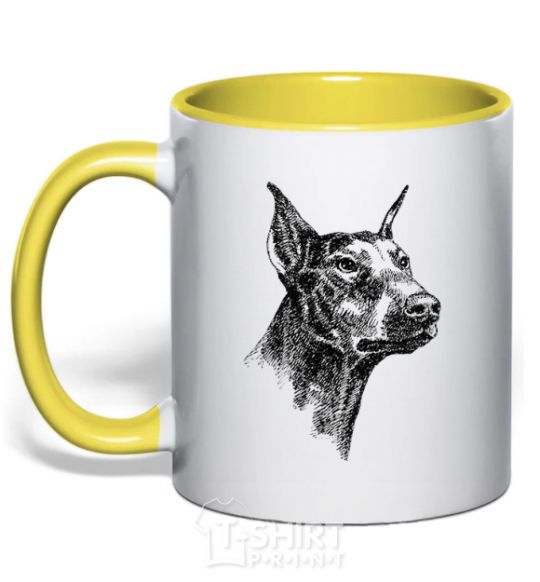 Mug with a colored handle A Doberman's muzzle yellow фото