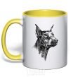 Mug with a colored handle A Doberman's muzzle yellow фото