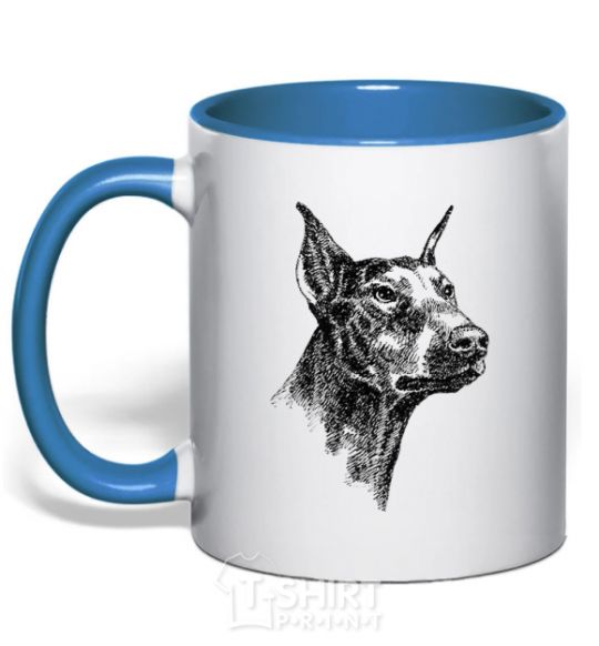 Mug with a colored handle A Doberman's muzzle royal-blue фото