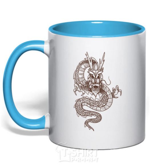 Mug with a colored handle Brown Dragon sky-blue фото
