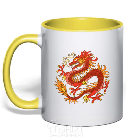 Mug with a colored handle Dragon flame yellow фото
