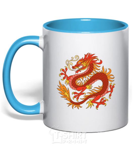 Mug with a colored handle Dragon flame sky-blue фото