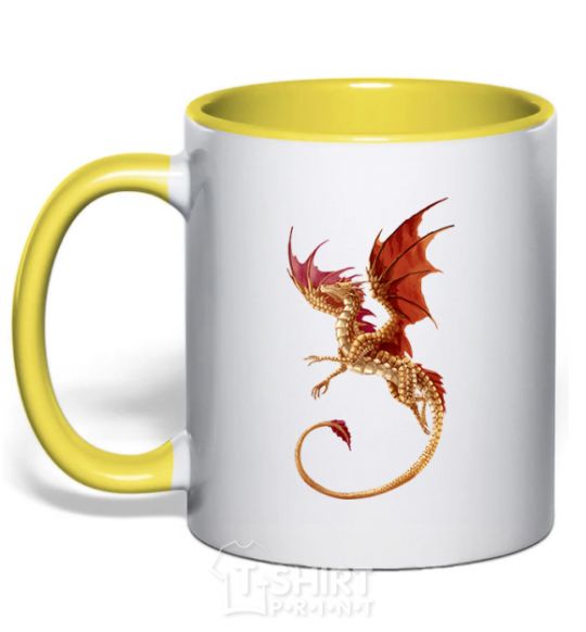 Mug with a colored handle Flying dragon yellow фото