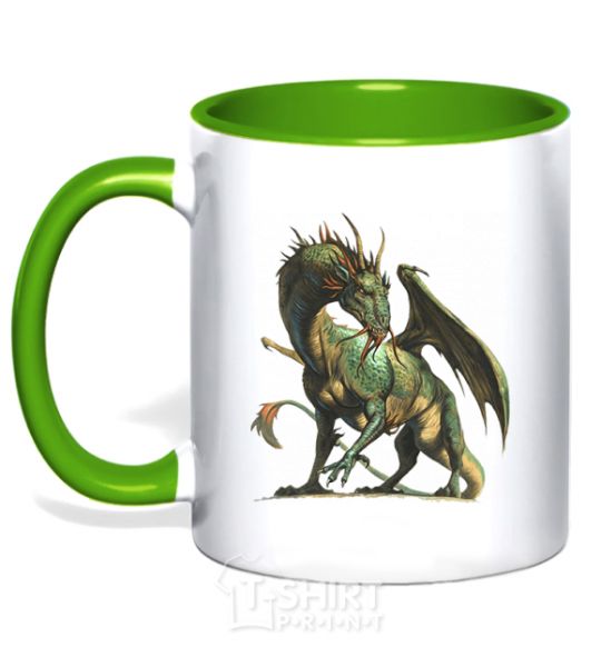 Mug with a colored handle Realistic dragon kelly-green фото