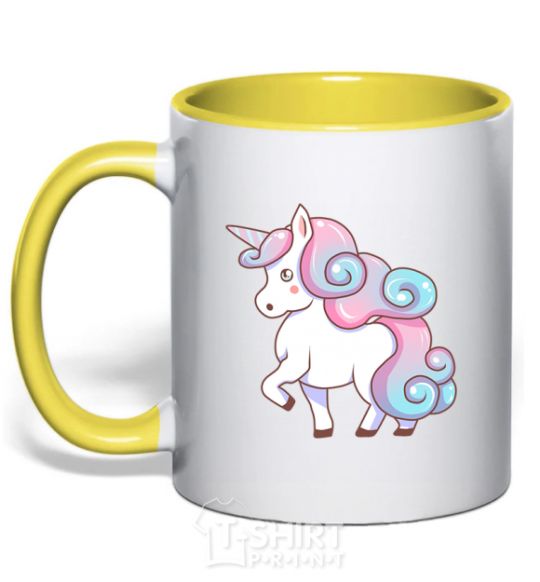 Mug with a colored handle Pastel unicorn yellow фото