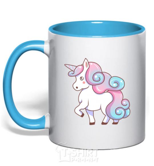 Mug with a colored handle Pastel unicorn sky-blue фото