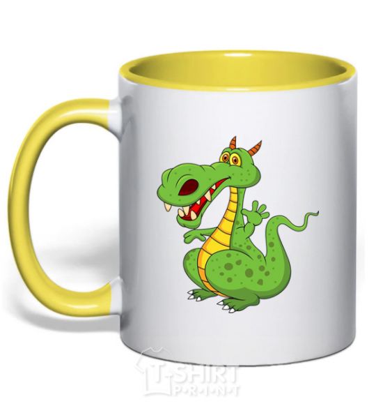 Mug with a colored handle A cartoon dragon yellow фото
