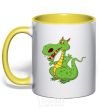 Mug with a colored handle A cartoon dragon yellow фото