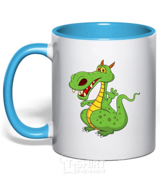 Mug with a colored handle A cartoon dragon sky-blue фото