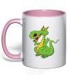 Mug with a colored handle A cartoon dragon light-pink фото